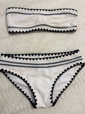 Shein White Bandeau Bikini Set with Black Trim, Size Small